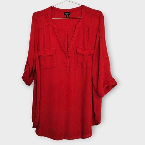 Torrid Womens Top Sz 2X Red Rayon Long Sleeves Tabs Pullover Normcore Sportswear - Picture 2 of 11